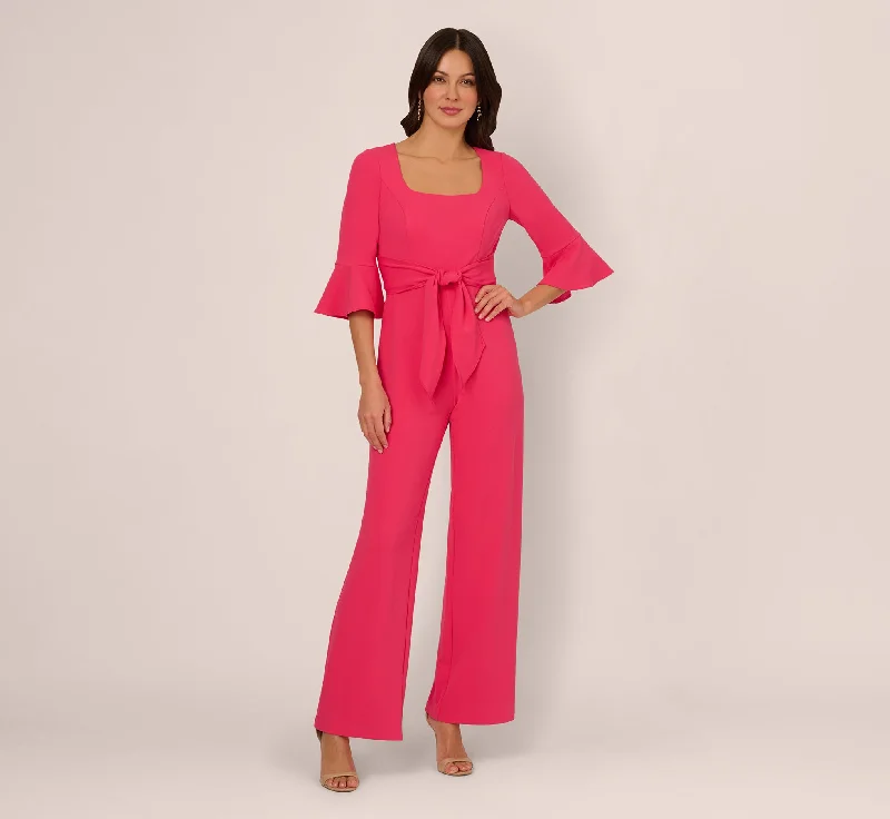Spring dresses for a beach party with stylish cuts -Knit Crepe Wide Leg Jumpsuit With Bell Sleeves In Camellia Spring dresses for a beach party with stylish cuts -Knit Crepe Wide Leg Jumpsuit With Bell Sleeves In Camellia