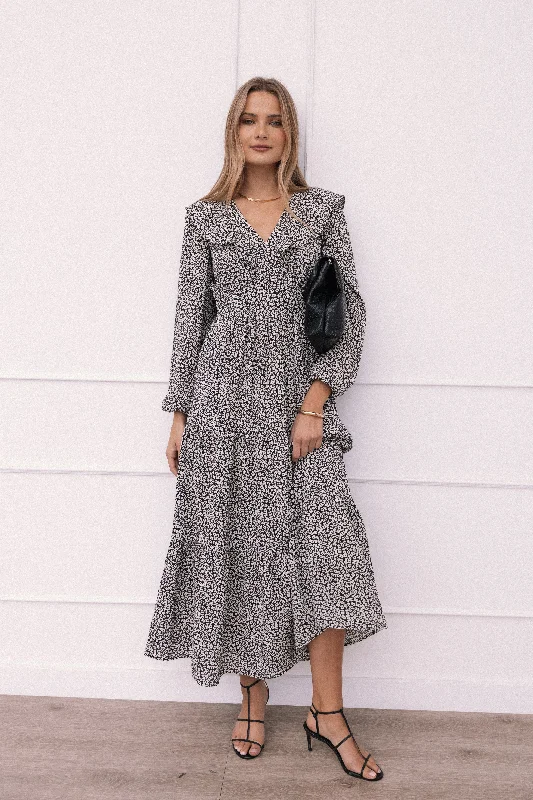 Long-sleeve spring dresses for outdoor gatherings -Sophie Long Sleeve Maxi Dress - Black/Ivory Long-sleeve spring dresses for outdoor gatherings -Sophie Long Sleeve Maxi Dress - Black/Ivory