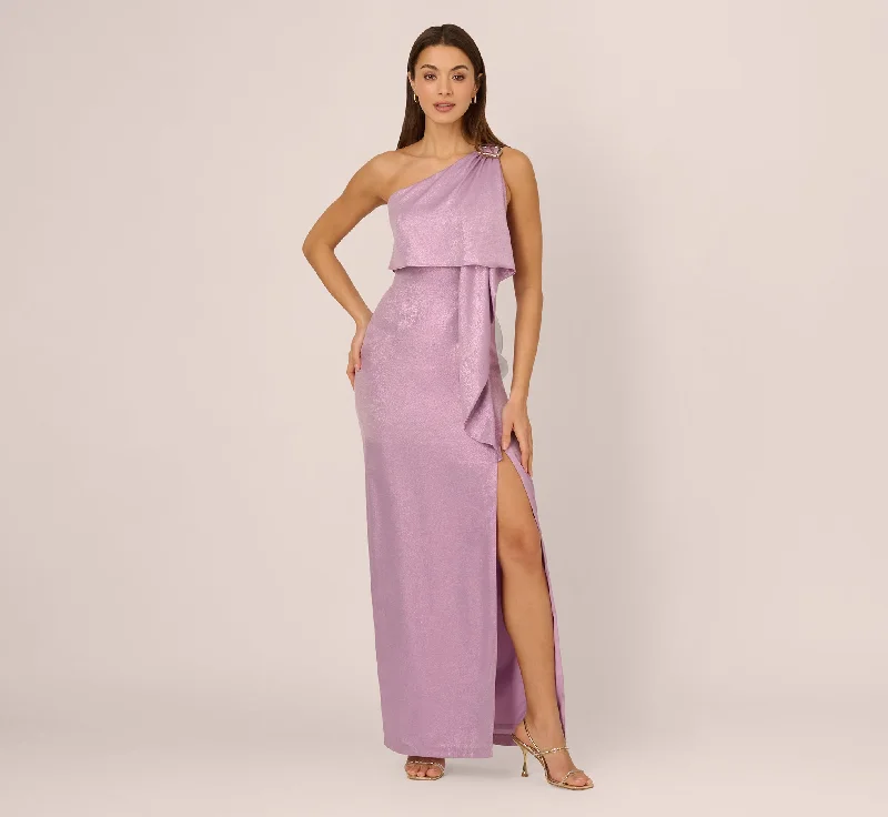 formal dresses with chiffon overlays for soft flow --One Shoulder Foil Draped Popover Gown In Light Purple formal dresses with chiffon overlays for soft flow --One Shoulder Foil Draped Popover Gown In Light Purple
