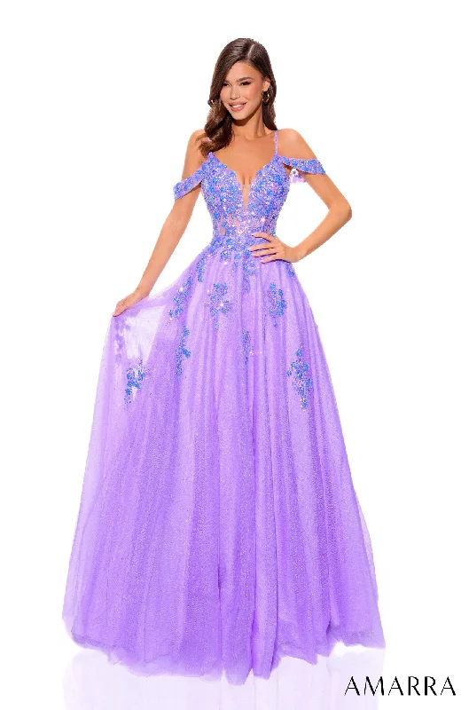 cocktail dresses with off-shoulder necklines for feminine charm --Sequin Applique Cold Shoulder Ball Gown by Amarra 88875 cocktail dresses with off-shoulder necklines for feminine charm --Sequin Applique Cold Shoulder Ball Gown by Amarra 88875