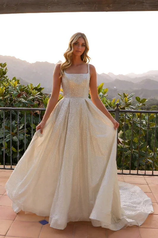 cocktail dresses with open shoulder designs for summer --Sleeveless Glitter A-line Ball Gown by Nox Anabel JE1003