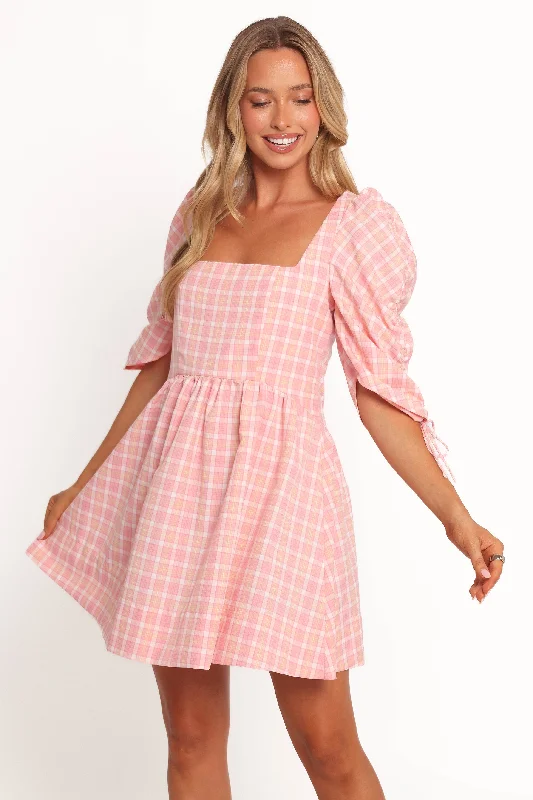 Spring dresses for casual picnics with lightweight fabrics -Siena Mini Dress - Pink Check Spring dresses for casual picnics with lightweight fabrics -Siena Mini Dress - Pink Check