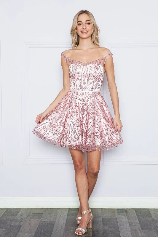 Graduation dresses with a fitted waist for a flattering shape -Glitter Print Short Off Shoulder Dress by Poly USA 9204 Graduation dresses with a fitted waist for a flattering shape -Glitter Print Short Off Shoulder Dress by Poly USA 9204