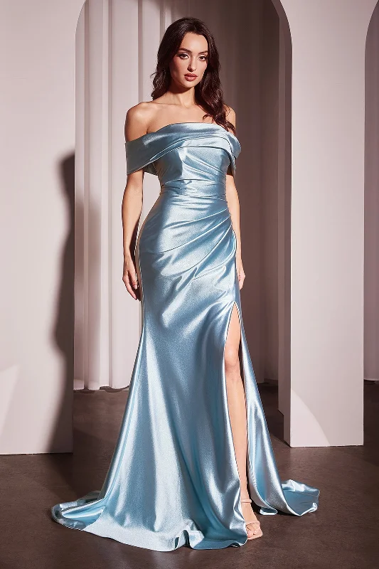 bridesmaid dresses with adjustable waist ties for perfect fit --Satin Fitted Off Shoulder Slit Gown by Ladivine J877 bridesmaid dresses with adjustable waist ties for perfect fit --Satin Fitted Off Shoulder Slit Gown by Ladivine J877