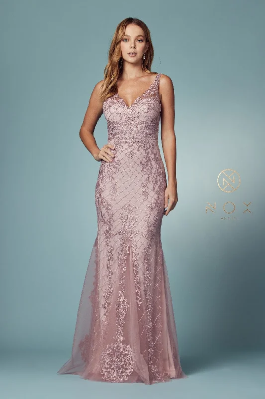 Wedding guest dresses in feminine floral prints -Embroidered Sleeveless Mermaid Dress by Nox Anabel A398 Wedding guest dresses in feminine floral prints -Embroidered Sleeveless Mermaid Dress by Nox Anabel A398