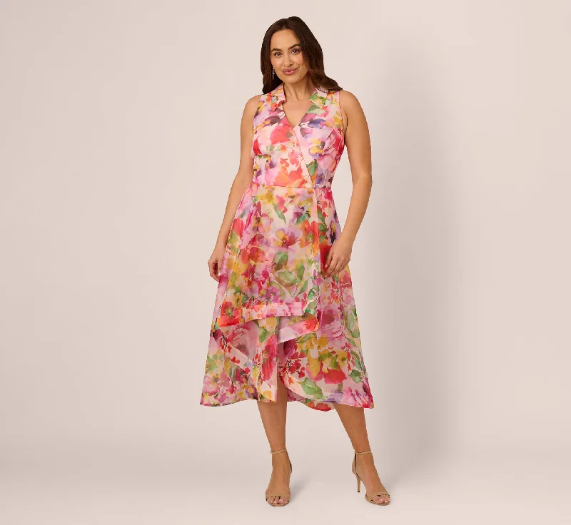 Best wedding guest dresses for formal winter weddings -Plus Size Sleeveless Floral Organza Collared High Low Dress In Pink Multi Best wedding guest dresses for formal winter weddings -Plus Size Sleeveless Floral Organza Collared High Low Dress In Pink Multi