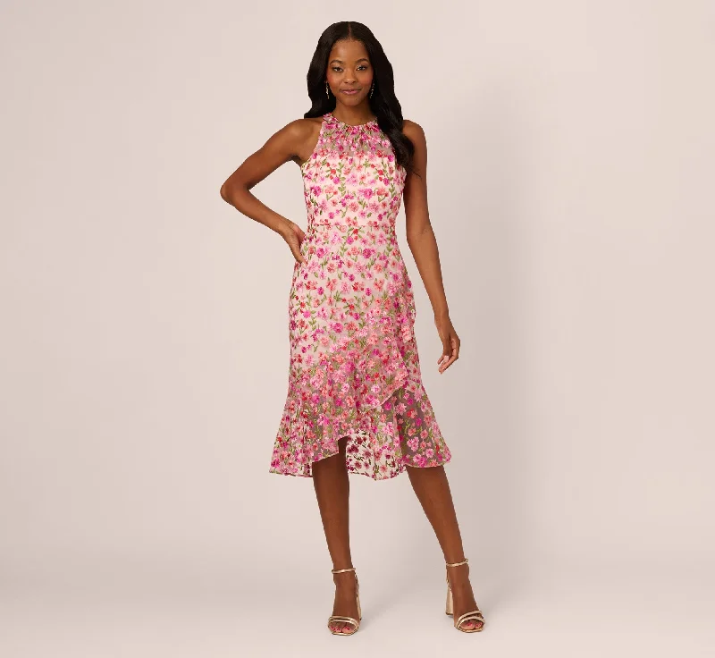Wedding guest dresses with a flowy silhouette for comfort -Floral Embroidered Flounce Halter Dress In Pink Multi Wedding guest dresses with a flowy silhouette for comfort -Floral Embroidered Flounce Halter Dress In Pink Multi