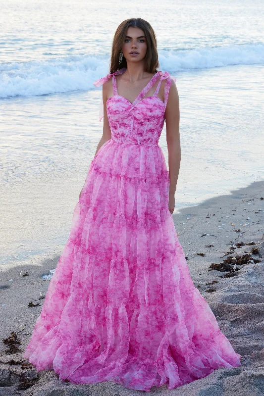 cocktail dresses with floral embroidery for romantic occasions --Print Sleeveless Bow A-line Gown by Nox Anabel T1501