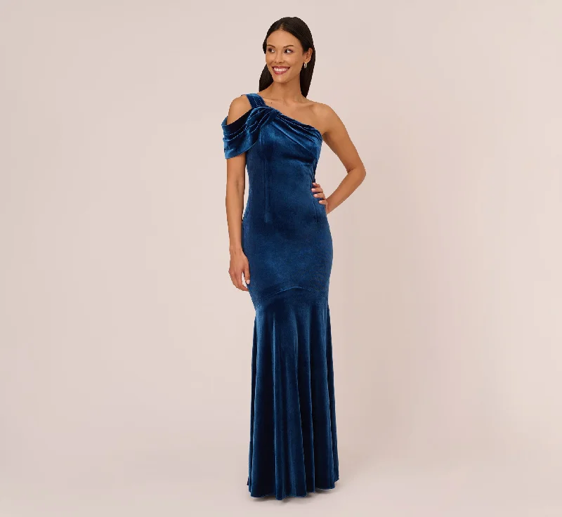 formal dresses for bridesmaids in matching pastel colors --One Shoulder Velvet Mermaid Gown With Drape Sleeve In Ocean Wave