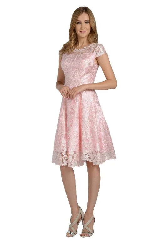 bridesmaid dresses with chiffon overlays for soft flow --Short Knee Length Lace Dress with Short Sleeves by Poly USA 8090 bridesmaid dresses with chiffon overlays for soft flow --Short Knee Length Lace Dress with Short Sleeves by Poly USA 8090