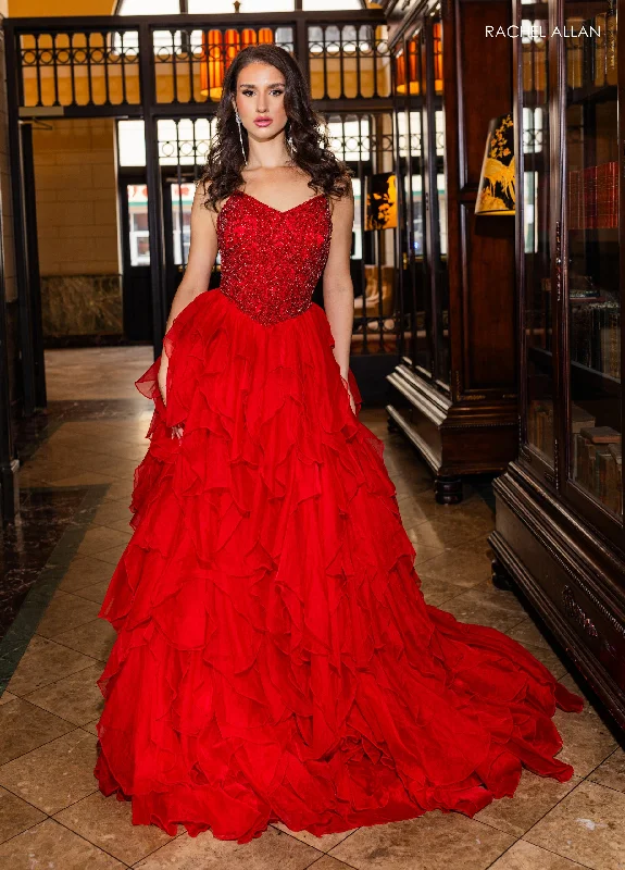 formal dresses with tiered skirts for volume and movement --Strapless A-line Ruffled Gown by Rachel Allan 70788 formal dresses with tiered skirts for volume and movement --Strapless A-line Ruffled Gown by Rachel Allan 70788