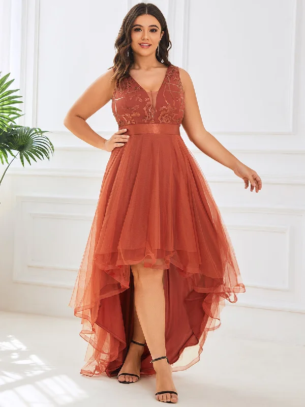 Elegant off-shoulder dresses for black-tie events -Plus High-Low V Neck Tulle Wholesale Prom Dresses with Sequin Appliques Elegant off-shoulder dresses for black-tie events -Plus High-Low V Neck Tulle Wholesale Prom Dresses with Sequin Appliques