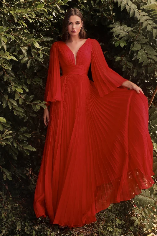 Bohemian wedding guest dresses for beach ceremonies -Pleated Bell Sleeve Gown by Cinderella Divine CD242 Bohemian wedding guest dresses for beach ceremonies -Pleated Bell Sleeve Gown by Cinderella Divine CD242