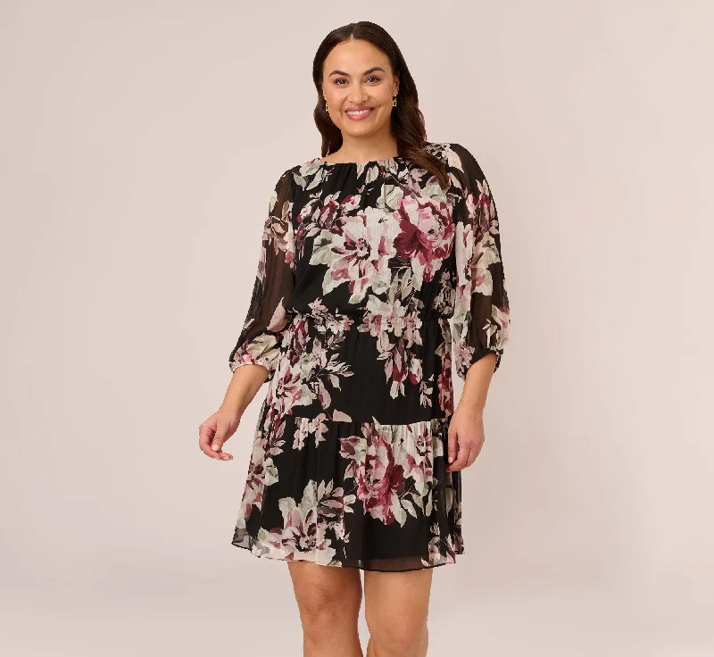 Light spring dresses for cool evenings -Plus Size Floral Chiffon Dress With Three Quarter Length Sleeves In Black Multi Light spring dresses for cool evenings -Plus Size Floral Chiffon Dress With Three Quarter Length Sleeves In Black Multi