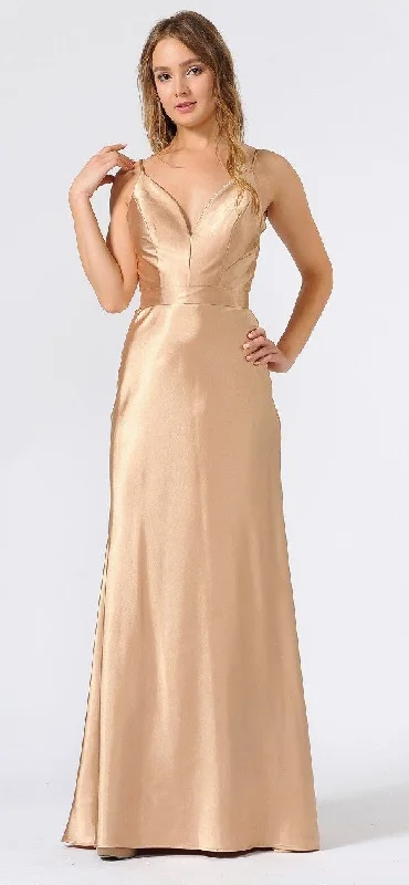 bridesmaid dresses for garden weddings in soft pastel colors --Long Shiny Charmeuse Dress with V-Neckline by Poly USA 9028