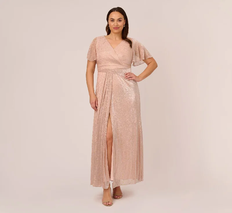 formal dresses with side slits for ease of movement --Plus Size Metallic Mesh Draped Gown In Rose Gold formal dresses with side slits for ease of movement --Plus Size Metallic Mesh Draped Gown In Rose Gold