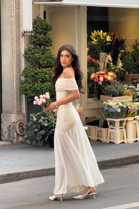 Venezia | Stone & White Bardot Puff-Skirt Maxi Dress