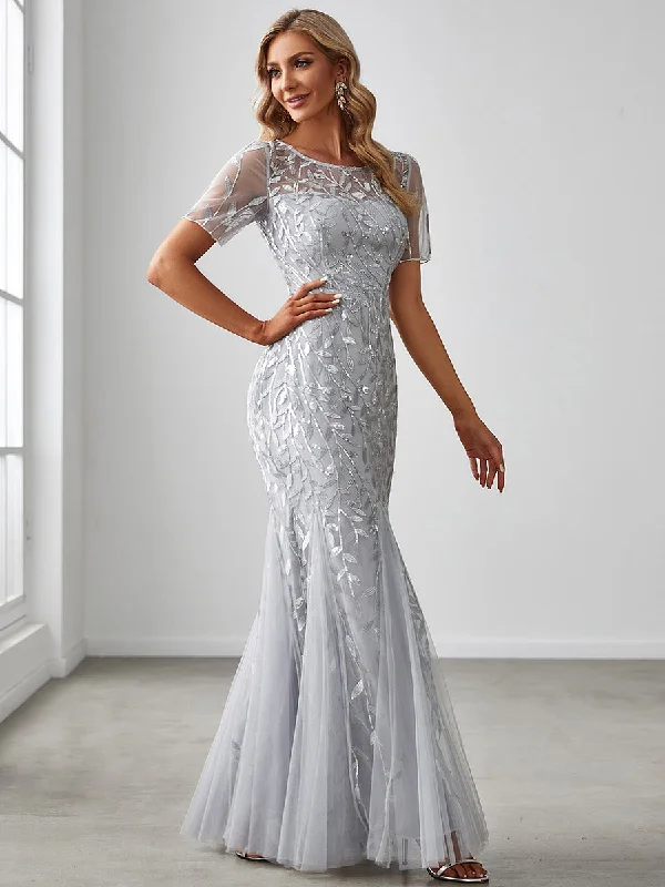 Trendy party dresses for bachelorette parties -Women's Floral Sequin Fishtail Tulle Dresses for Party Trendy party dresses for bachelorette parties -Women's Floral Sequin Fishtail Tulle Dresses for Party