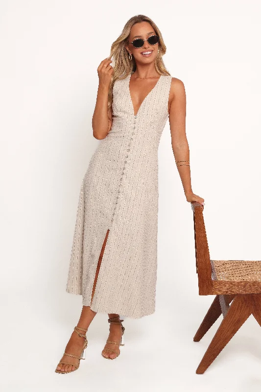 Best cocktail dresses for winter holidays -Aisling Midi Dress - Beige Gold