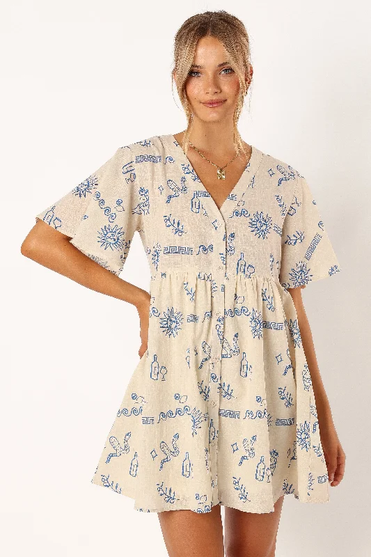 Light pastel spring dresses for a soft, airy feel -Elias Mini Dress - Beige Blue