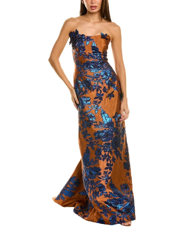 Rene Ruiz Strapless Applique Brocade Gown