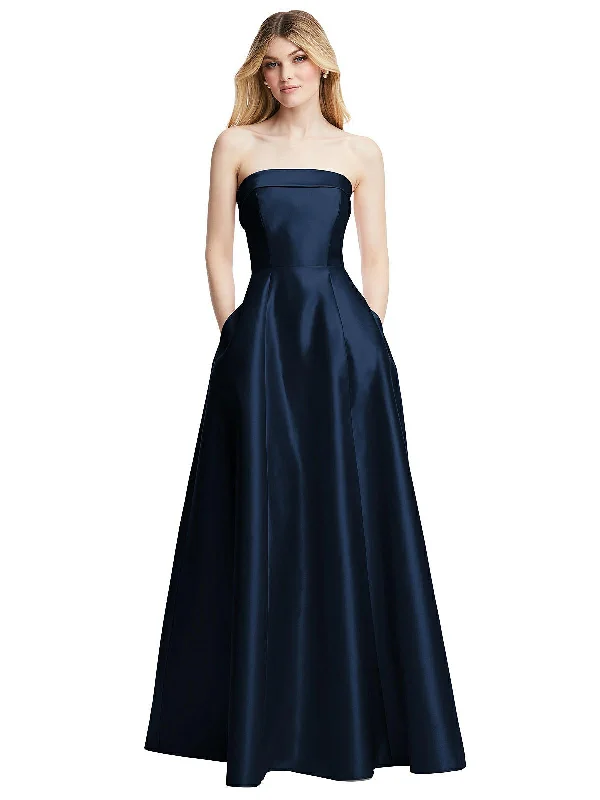 Strapless Bias Cuff Bodice Satin Gown with Pockets