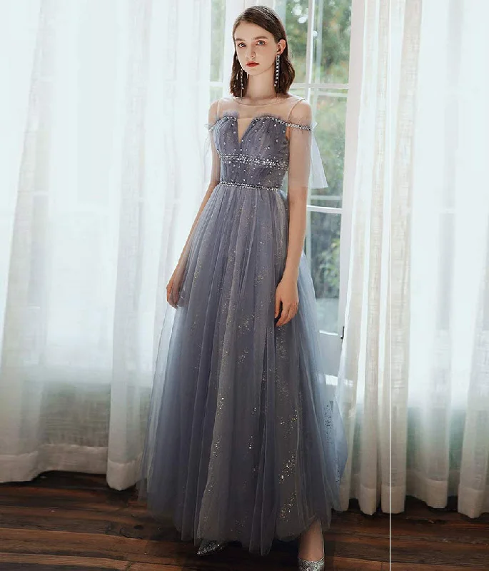 A line tulle sequins long prom dress  8341