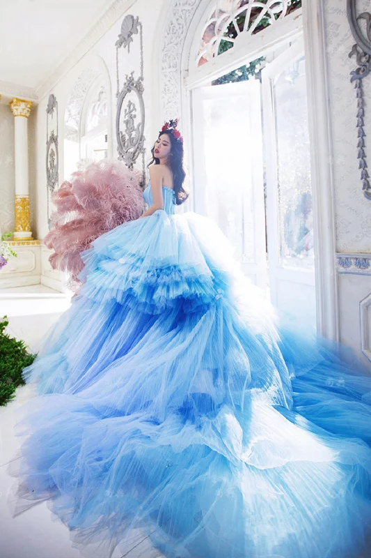 Amazing tulle long prom dress blue evening dress  8516