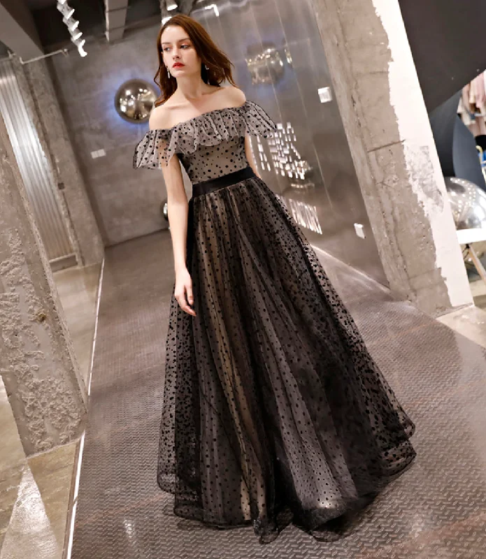 Black tulle long prom dress black evening dress  8520