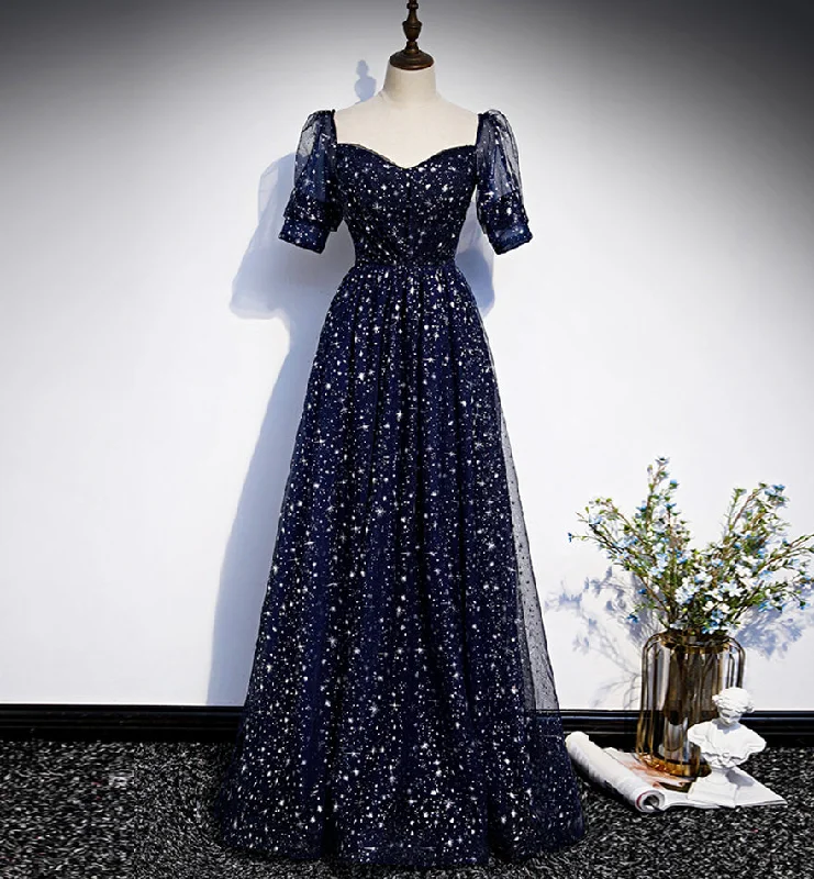 Blue tulle long prom dress blue evening dress  8425