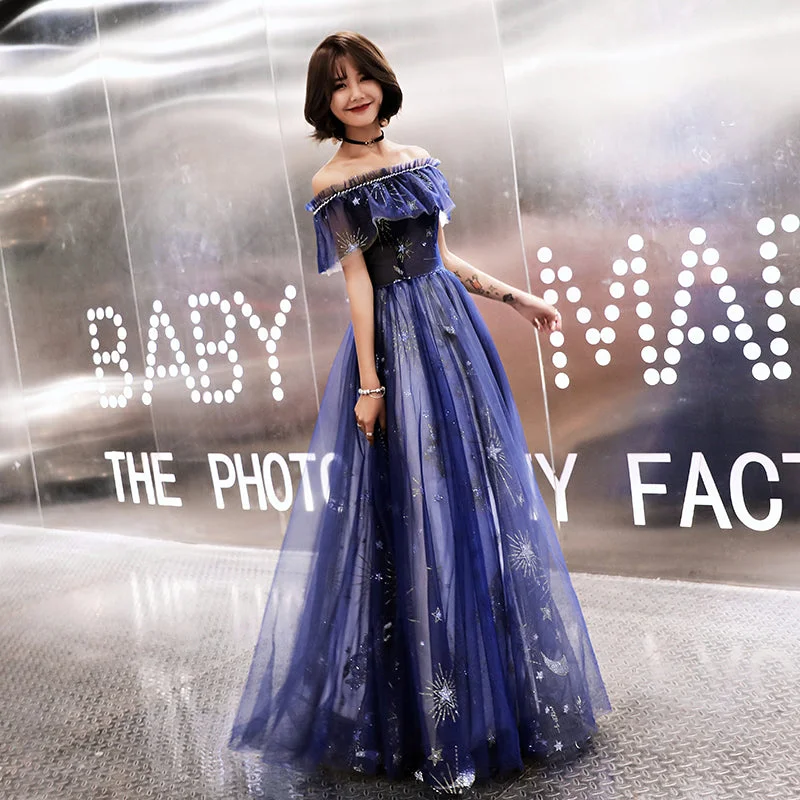 Blue tulle long prom dress with stars  8481