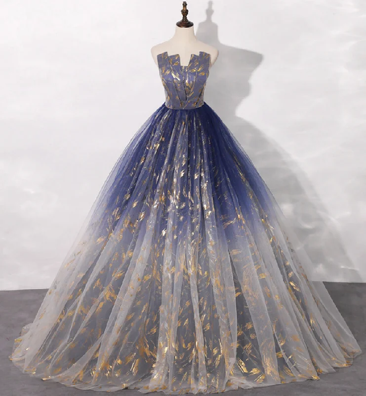 Blue tulle long prom gown blue evening dress  8462