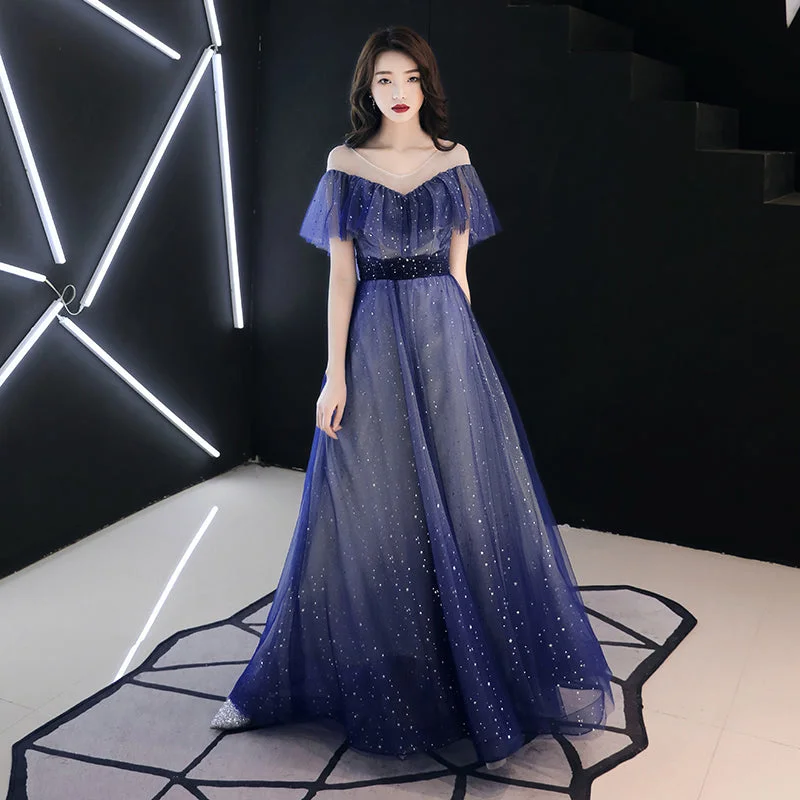Blue tulle sequins long prom dress  8336