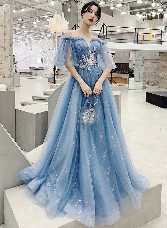 Blue tulle sequins long prom dress evening dress  8322