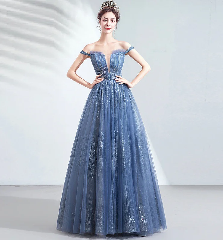 Blue tulle sequins long prom dress evening dress  8433