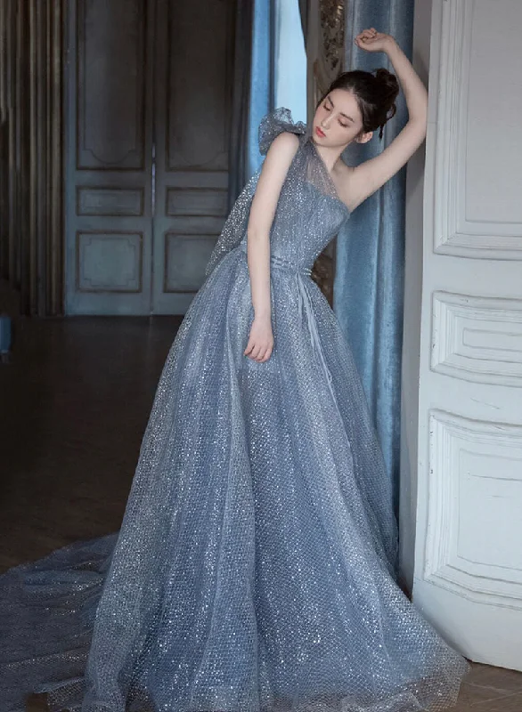 Blue tulle sequins long prom dress one shoulder evening dress  8426