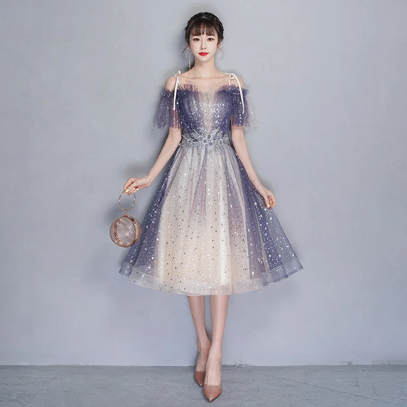 Blue tulle sequins short prom dress party dress  8354