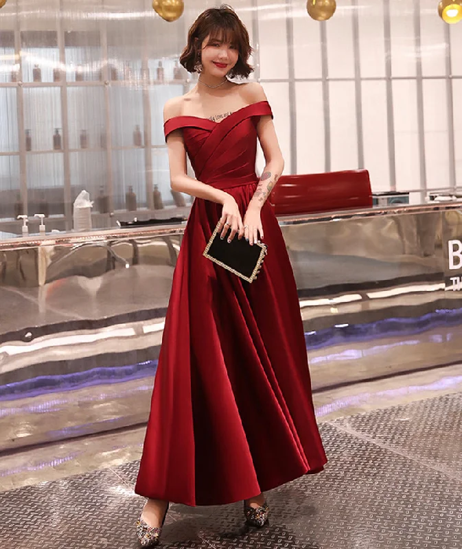 Burgundy satin A line prom dress party dress  8381