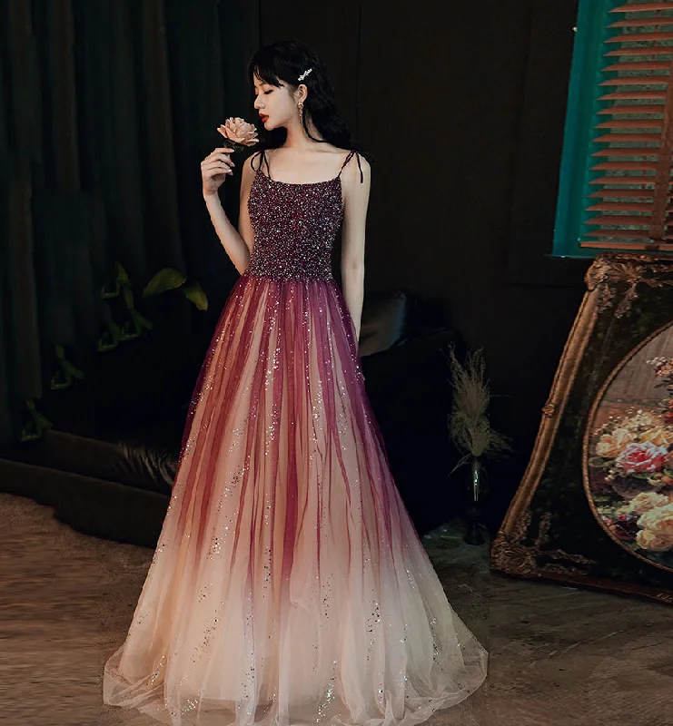 Burgundy tulle beads long prom dress evening dress  8459