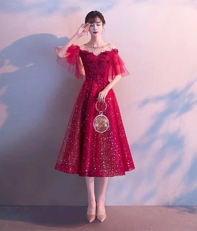Burgundy tulle sequins prom dress evening dress  8339