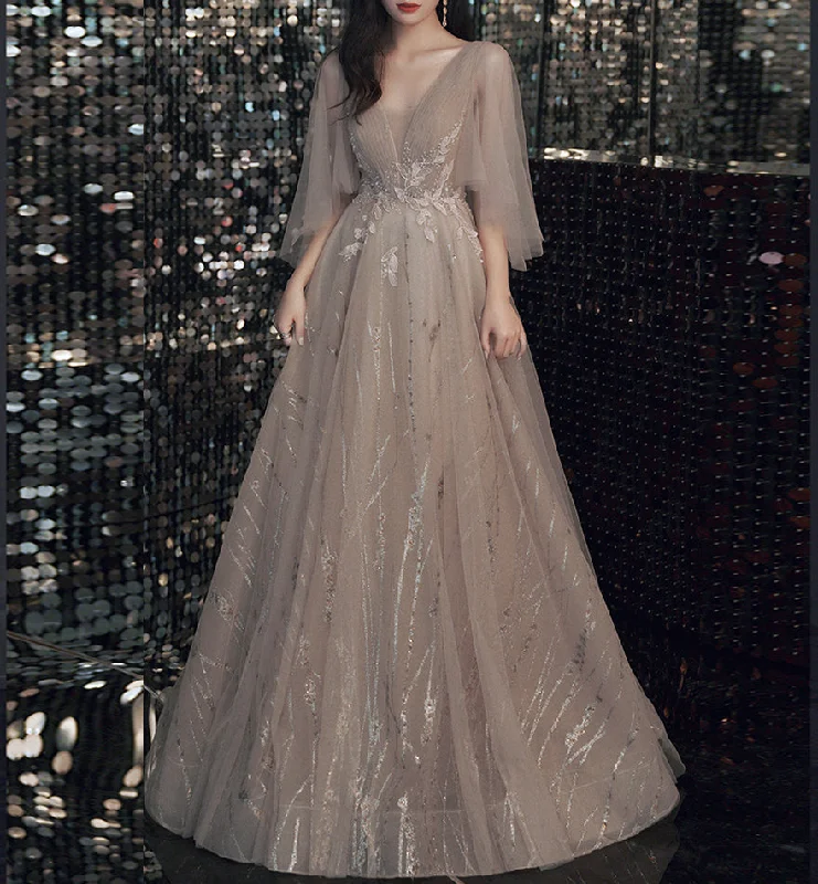 Champagne lace sequins long ball gown dress formal dress  8474