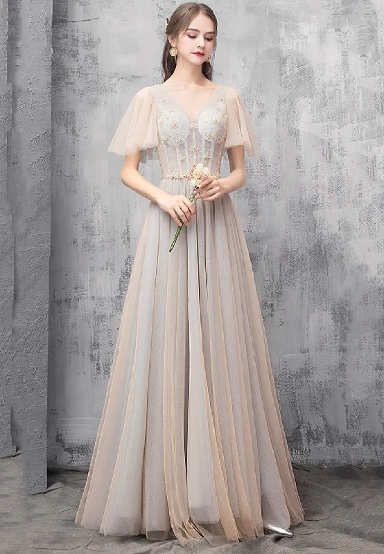 Champagne tulle beads prom dress evening dress  8494