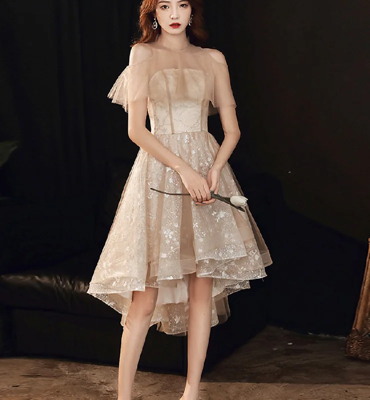 Cute tulle high low prom dress shiny evening dress  8444