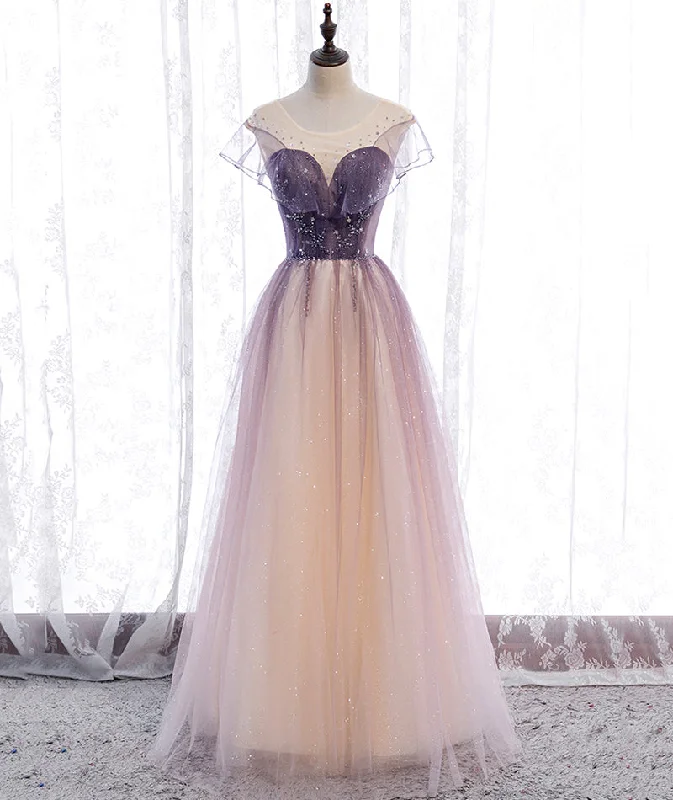 Elegant tulle sequins prom dress A line evening dress  8376