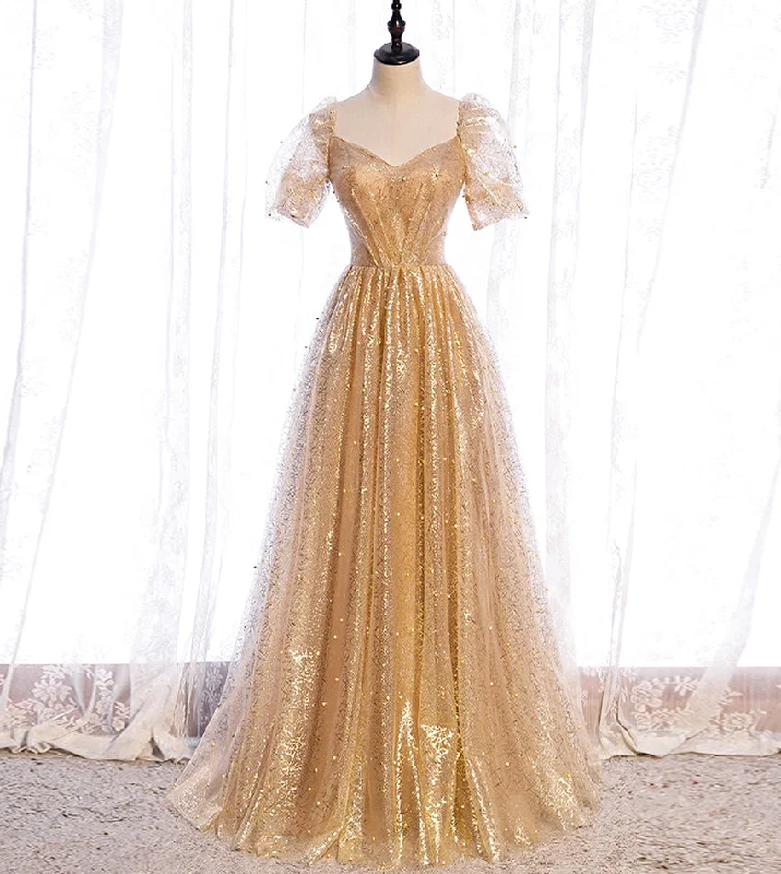 Gold tulle sequins long prom dress evening dress  8428