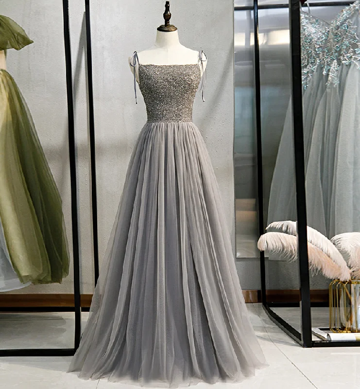 Gray tulle beads long prom gown evening dress  8437