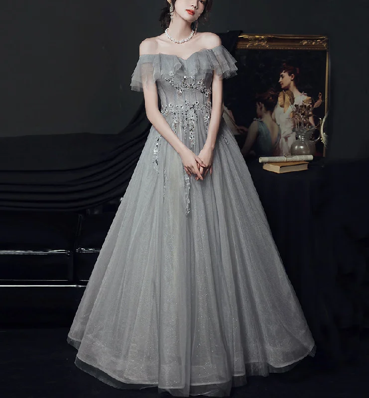 Gray tulle lace long prom dress evening dress  8436