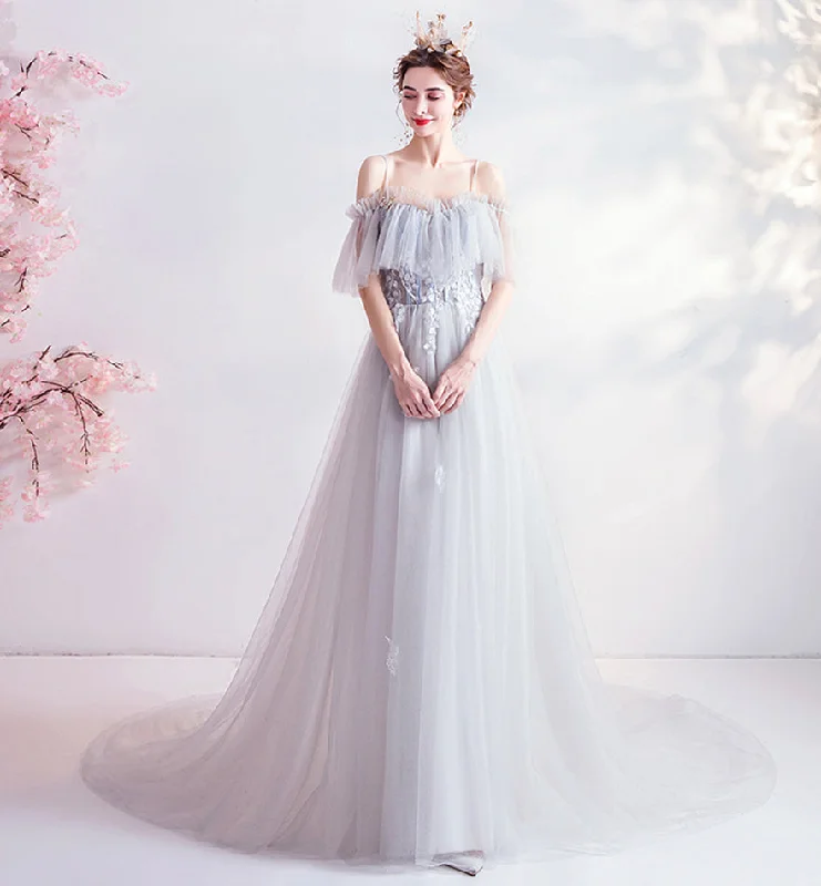 Gray tulle lace long prom dress evening dress  8453