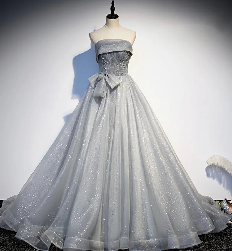 Gray tulle sequins long ball gown dress formal dress  8448