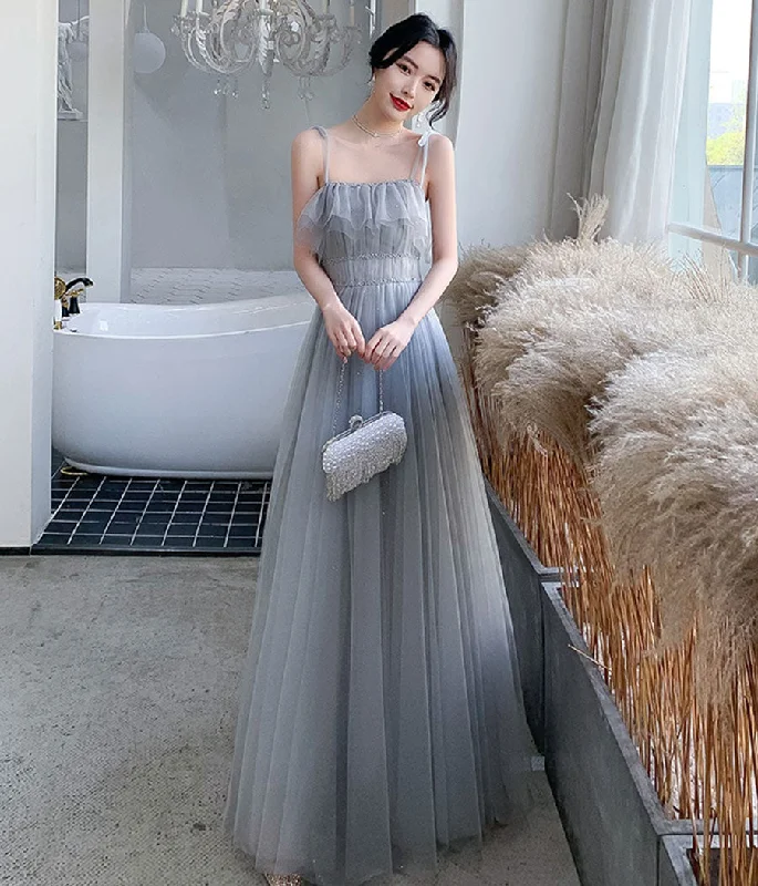 Gray tulle sequins long prom dress party dress  8342